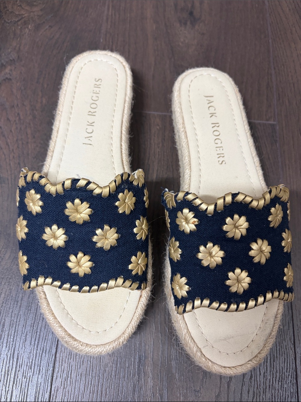 Jack Rogers Navy Slide Sandals with Gold Floral Embroidery